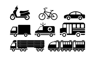 transportation icons set, Silhouette Collection of Vehicle Icons: Motorcycles, Bicycles, Cars, Ambulances, Buses, Pickup Trucks, Heavy Load Trucks, and Trains