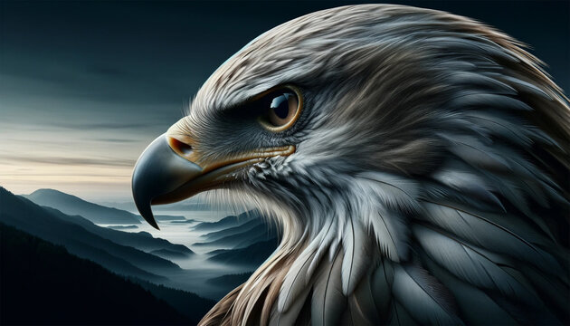 An image featuring a stunning close-up of the eagle's profile, highlighting the smoothness of its feathers and noble profile. The mountainous terrain is faintly visible in the background, adding depth