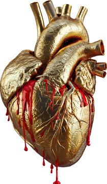 image of a broken bleeding human golden heart isolated on a transparent background