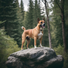 A formidable Dog standing on a rock surrounded by trees and vegetation. Splendid nature concept.