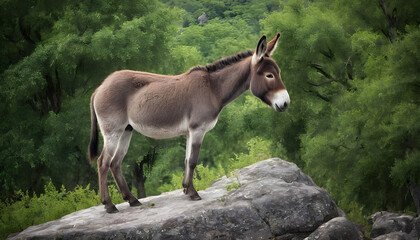 A formidable Donkey standing on a rock surrounded by trees and vegetation. Splendid nature concept.