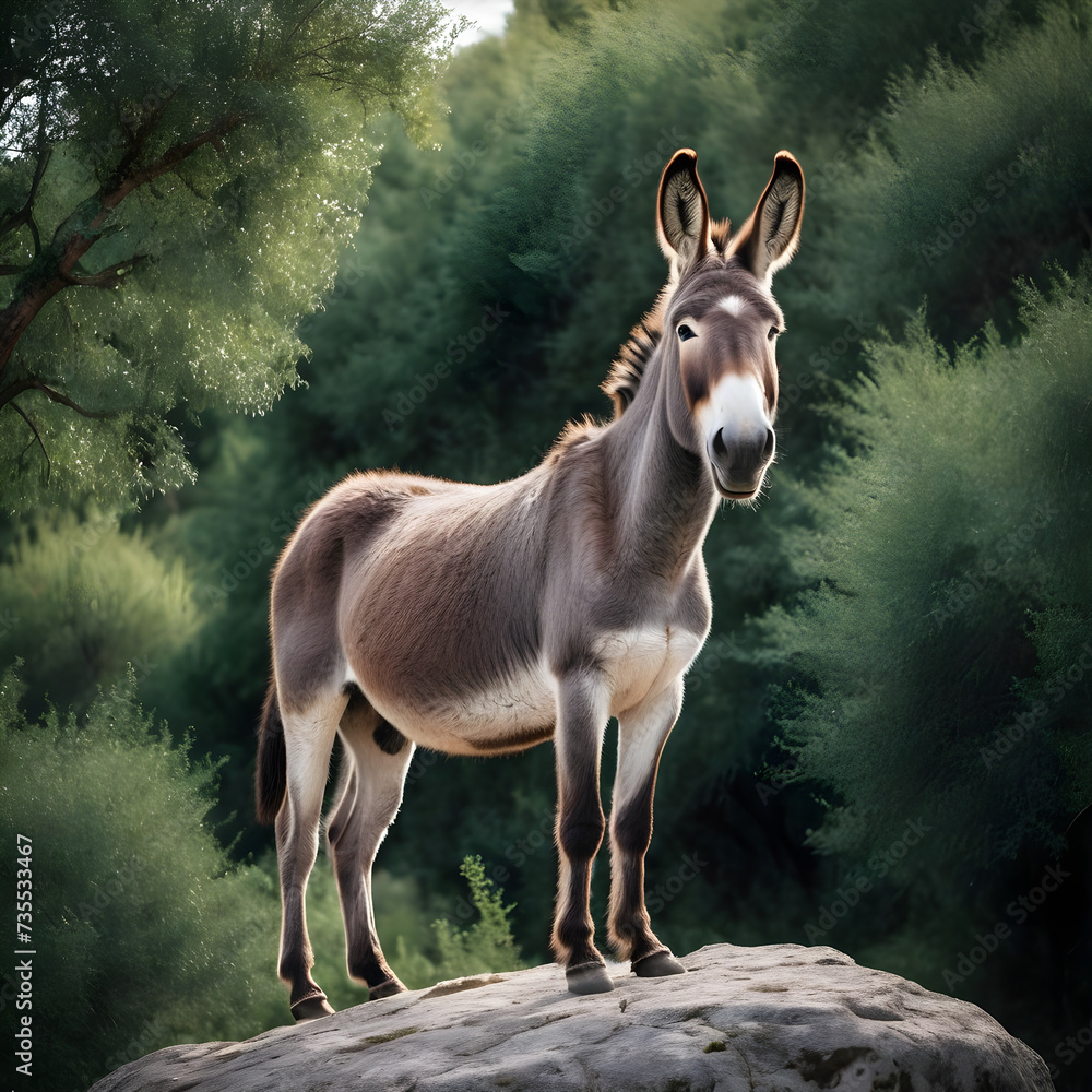 Poster A formidable Donkey standing on a rock surrounded by trees and vegetation. Splendid nature concept.