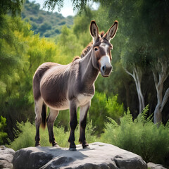 Naklejka na ściany i meble A formidable Donkey standing on a rock surrounded by trees and vegetation. Splendid nature concept.