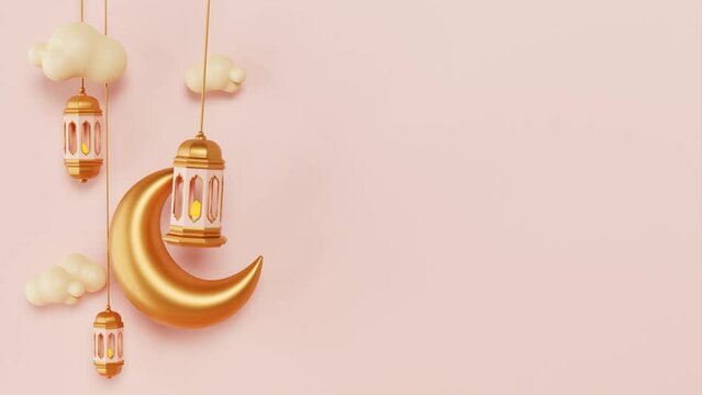 islamic decoration background with crescent moon, lantern and cloud. 3d animation