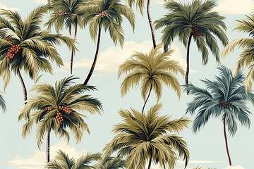 seamless pattern with palm trees on background a sky with clouds - obrazy, fototapety, plakaty