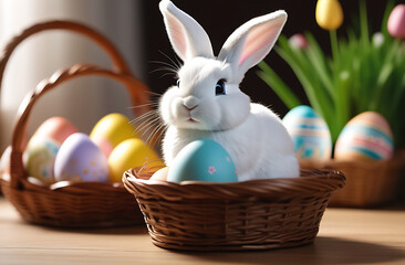 Small baby white grey gray red yellow rabbit in easter basket with fluffy fur and easter eggs on the table with candles. Ideal as an easter card or greeting card or wallpaper.