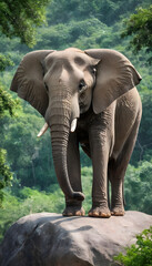 Fototapeta premium A formidable Elephant standing on a rock surrounded by trees and vegetation. Splendid nature concept.