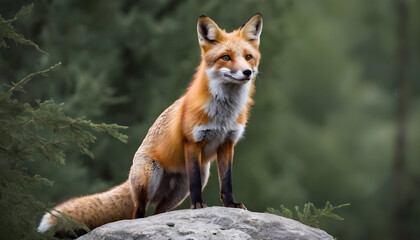 Obraz premium A formidable Fox standing on a rock surrounded by trees and vegetation. Splendid nature concept.