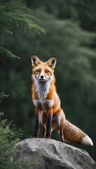 A formidable Fox standing on a rock surrounded by trees and vegetation. Splendid nature concept.