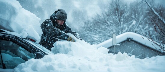 Mid adult man shoveling heavy snow off of his parked car in winter morning - obrazy, fototapety, plakaty