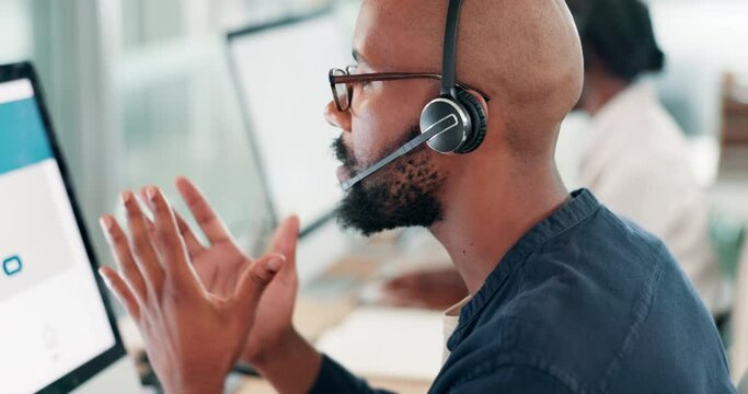 Call center, businessman and screen with communication and telemarketing for customer service or headset. Consultant, black man and helpdesk operator with computer, microphone and crm support at work