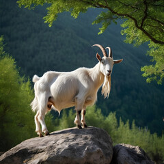 Naklejka premium A formidable Goat standing on a rock surrounded by trees and vegetation. Splendid nature concept.