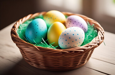Fototapeta na wymiar Multi colors Easter eggs in the woven basket isolated on light wooden background with clipping path grass and flowers around. Pastel color Easter eggs.