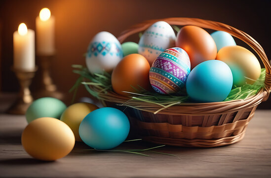 Multi colors Easter eggs in the woven basket isolated on light wooden background with clipping path grass and flowers around. Pastel color Easter eggs.