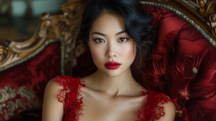 Enigmatic Elegance Alluring Asian Woman in Vintage Jazz Club - 735535465