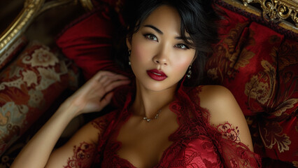 Enigmatic Elegance Alluring Asian Woman in Vintage Jazz Club - 735535480