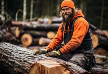 Man Sitting on Log in the Woods