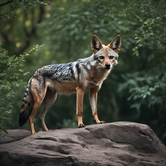 Fototapeta premium A formidable Jackal standing on a rock surrounded by trees and vegetation. Splendid nature concept.