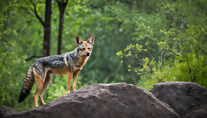Naklejka premium A formidable Jackal standing on a rock surrounded by trees and vegetation. Splendid nature concept.