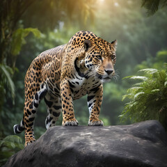 A formidable Jaguar standing on a rock surrounded by trees and vegetation. Splendid nature concept.