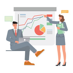 Business presentation illustration concept. Office man and woman character vector design. Business people working in office planning, thinking and economic analysis on isolated white background.