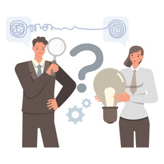 Business problem solving illustration concept. Business people working in office planning, thinking and economic analysis. Office man and woman character vector design. 