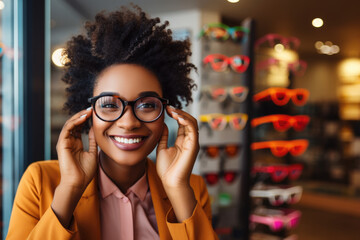 Happy young woman trying on eyeglasses at optical shop
