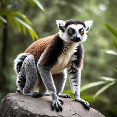 Naklejka premium A formidable Lemur standing on a rock surrounded by trees and vegetation. Splendid nature concept.