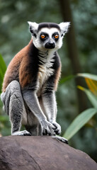 Obraz premium A formidable Lemur standing on a rock surrounded by trees and vegetation. Splendid nature concept.