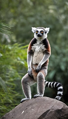 Obraz premium A formidable Lemur standing on a rock surrounded by trees and vegetation. Splendid nature concept.