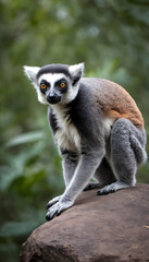 A formidable Lemur standing on a rock surrounded by trees and vegetation. Splendid nature concept.