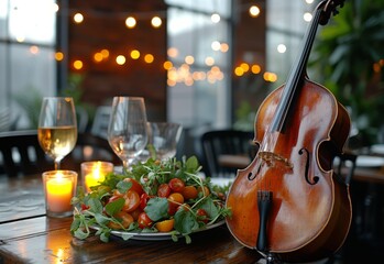 Plate of Food and Violin on Table