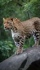 Naklejka premium A formidable Leopard standing on a rock surrounded by trees and vegetation. Splendid nature concept.