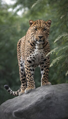 A formidable Leopard standing on a rock surrounded by trees and vegetation. Splendid nature concept.