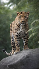 Naklejka premium A formidable Leopard standing on a rock surrounded by trees and vegetation. Splendid nature concept.