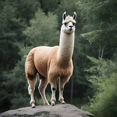 A formidable Llama standing on a rock surrounded by trees and vegetation. Splendid nature concept.
