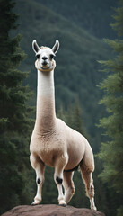 Fototapeta premium A formidable Llama standing on a rock surrounded by trees and vegetation. Splendid nature concept.