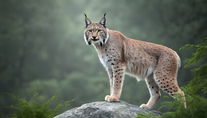 Obraz premium A formidable Lynx standing on a rock surrounded by trees and vegetation. Splendid nature concept.