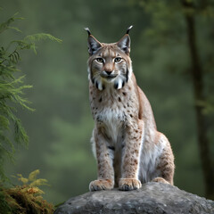 Obraz premium A formidable Lynx standing on a rock surrounded by trees and vegetation. Splendid nature concept.