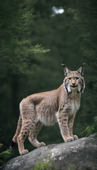 A formidable Lynx standing on a rock surrounded by trees and vegetation. Splendid nature concept.