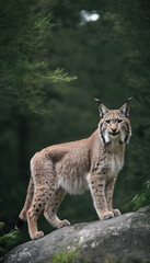 Obraz premium A formidable Lynx standing on a rock surrounded by trees and vegetation. Splendid nature concept.