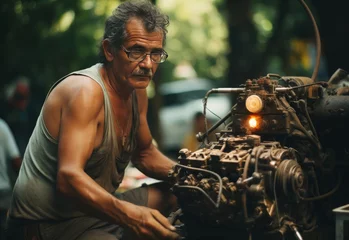 Zelfklevend Fotobehang Man Repairing Vintage Engine © we360designs