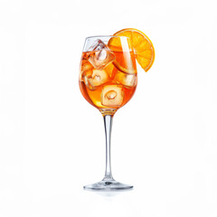 Aperol Spritz cocktail with orange slice in a wine glass, ice-filled, white background