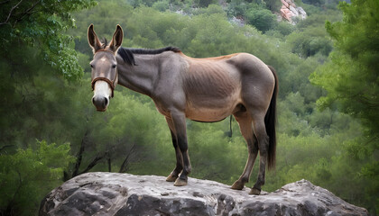 Obraz premium A formidable Mule standing on a rock surrounded by trees and vegetation. Splendid nature concept.
