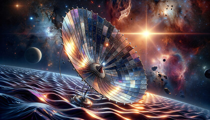 Solar sails catching the light of a distant star in a surreal cosmic landscape.