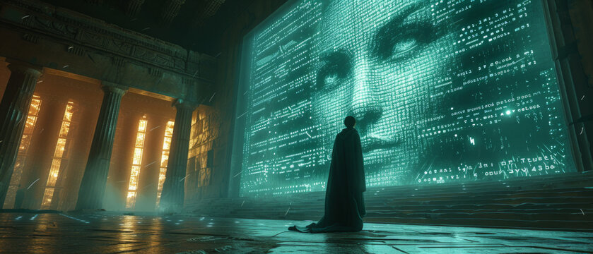 Neon Oracle of Delphi: In a reimagined ancient Greece, a neon-lit oracle, part woman, part machine, stands at the entrance of a digitalized Delphic temple