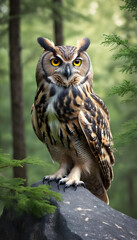 A formidable Owl standing on a rock surrounded by trees and vegetation. Splendid nature concept.