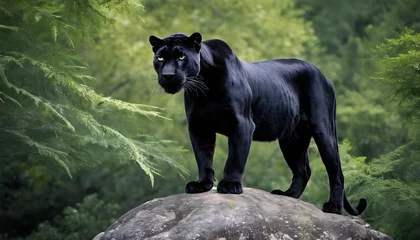 Foto op Plexiglas A formidable Panther standing on a rock surrounded by trees and vegetation. Splendid nature concept. © Antonio Giordano