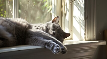 Tranquil Scene of Gray Cat Snoozing on Sunlit Windowsill AI Generated.