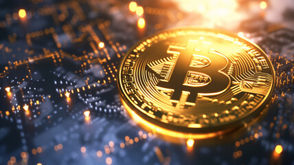 Bitcoin BTC Münze auf blauem Tech Hintergrund mit starken Lichteffekten. Querformat. Generative Ai.